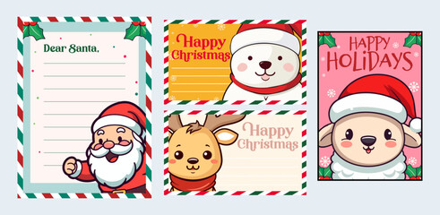 Illustration Vector of Christmas Character for Santa Claus Letter and Card Set Collection Template on Decorated Paper
