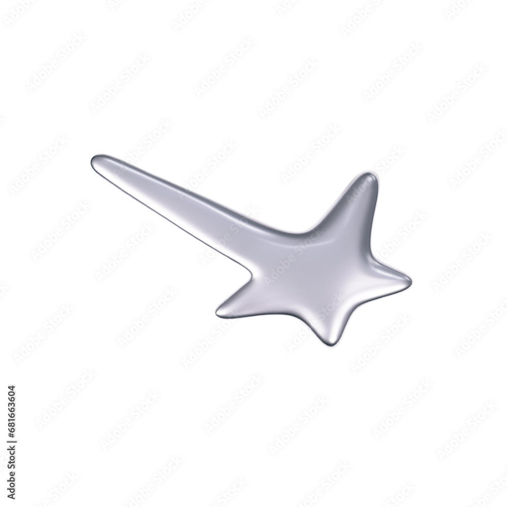 Wall mural 3d chrome falling or flying star in y2k futuristic style isolated on white background. render 3d sil