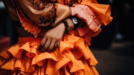 A flamenco dancer clapping her hands at the Sitges Carnival, her dress a cascade of bright ruffles - obrazy, fototapety, plakaty