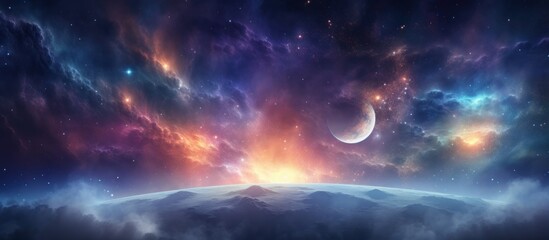 Obraz na płótnie Canvas Horizontal panorama of Space scene with planets, stars and galaxies background. AI generated