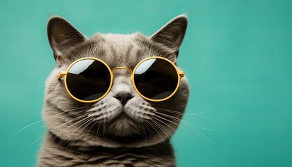 British shorthair cat, wearing glasses, on a blue background. Copy space.