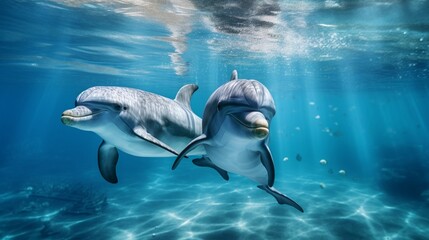 A pair of dolphins swimming side by side in crystal-clear blue waters.