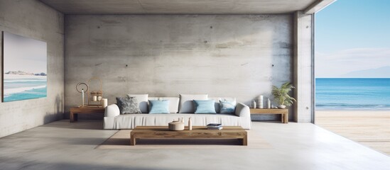 Minimalist living room with views of the blue sea outside. AI generated image