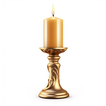 A vintage golden candlestick with a flickering flame isolated on white.