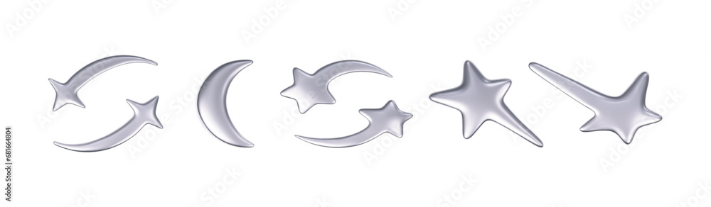Wall mural 3d chrome stars set in y2k futuristic style isolated on dark background. render 3d cyber chrome gala