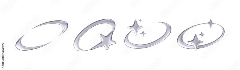 Wall mural 3d chrome stars set in y2k futuristic style isolated on dark background. render 3d cyber chrome gala
