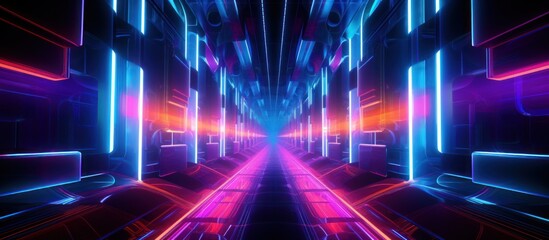 Futuristic corridor light Neon Tunnel Fluorescent ultraviolet glowing lights background. AI generated