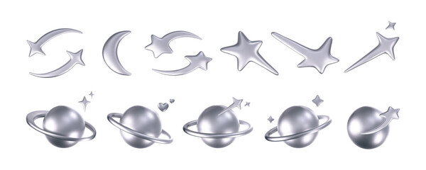 3d chrome stars and planets set in y2k, futuristic style on dark background. Render 3d cyber chrome galaxy emoji with falling star, planet, bling, spark, moon, hearts. 3d vector y2k illustration.