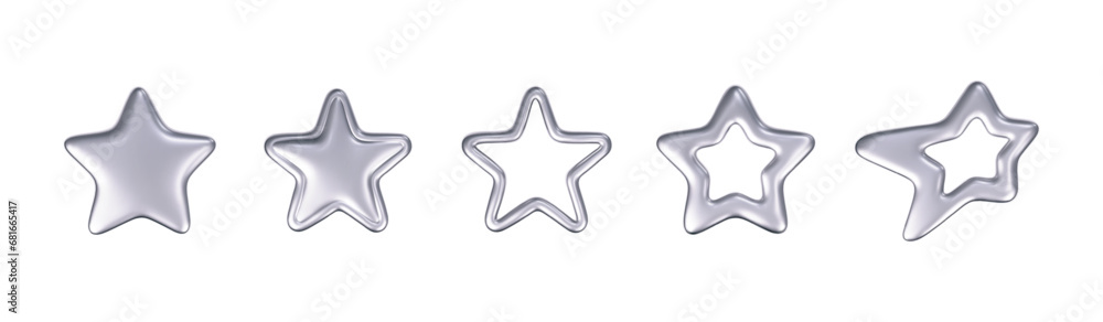 Wall mural 3d chrome stars set in y2k futuristic style isolated on dark background. render 3d cyber chrome gala