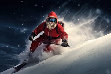 Fototapeta na wymiar Santa's epic slope style! Discover Santa's thrill for the chill as he carves through a winter wonderland!