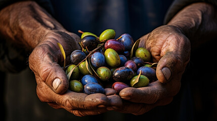 Close-up of farmer's tired hands picking a handful of olives - obrazy, fototapety, plakaty
