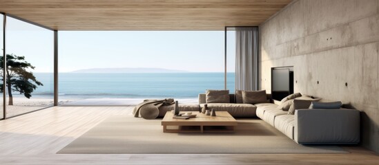 Fototapeta na wymiar Minimalist empty living room with views of the blue sea outside. AI generated image