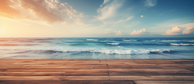 Beautiful view blue sea from wooden pier on the beach landscape. AI generated image