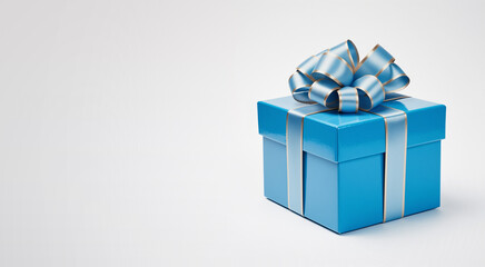 Blue gift box - blue and gold ribbon - white background - copy space to the left
