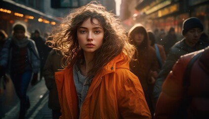 Fototapeta na wymiar A Woman in an Orange Jacket Walking Down the Street