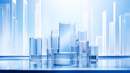 Creative abstract podium, empty stage made of transparent material, blue background. Minimalism, modern showcase