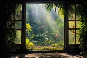 the windows of a room open with trees in the background