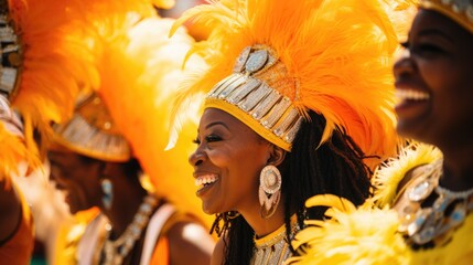 A troupe of calypso musicians in bright, feathered costumes at a Caribbean Carnival - obrazy, fototapety, plakaty