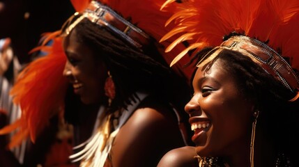 A troupe of calypso musicians in bright, feathered costumes at a Caribbean Carnival