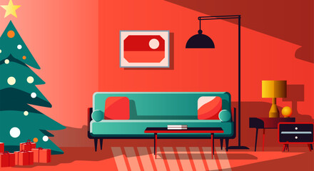 Christmas room with Christmas tree decorated for winter holidays. Flat styled red interior, with green Christmas tree and sofa