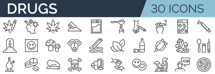 Set of 30 outline icons related to drugs, narcotics. Linear icon collection. Editable stroke. Vector illustration