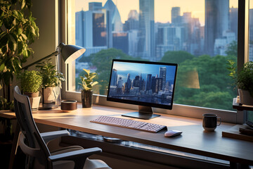 Modern workplace with computer in modern apartment near window with scenic city view. Remote work...