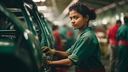 A Skilled Woman Repairing a Car in a Busy Factory Setting