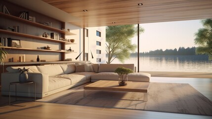 Modern home or upscale hotel living room with sofa on wooden floor. Simple interior 3D rendering of...