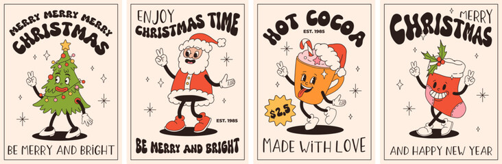 Groovy retro Christmas posters. Santa claus, christmas tree, ball, hot cocoa, present in trendy vintage cartoon style. Retro characters in 50s, 60s, 70s animation style - obrazy, fototapety, plakaty