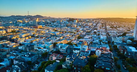 Residential San Francisco, CA aerial over neighborhood at sunset golden hour - obrazy, fototapety, plakaty