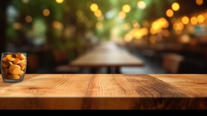 Naklejka na ściany i meble The empty wooden table top with blur background of outdoor cafe. Generative AI image AIG30.