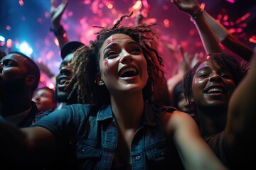 Obraz premium Vibrant crowd, dancing under neon lights, radiates joy. nightlife and entertainment concept