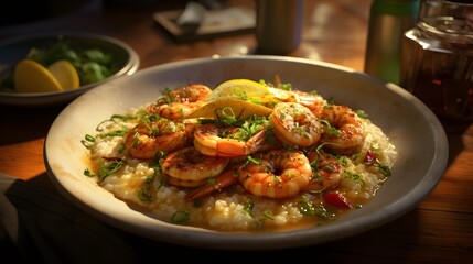 Shrimp and Grits, a Southern classic of succulent shrimp atop creamy grits.