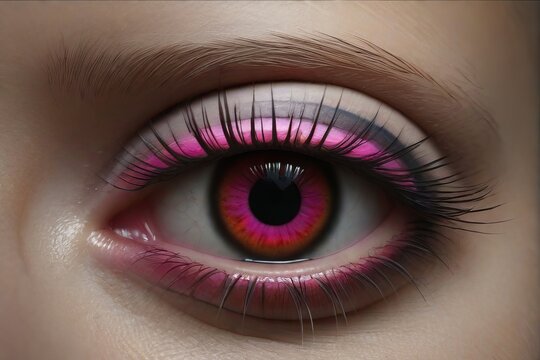 Auge einer Frau mit starkem Make up in Pink in Nahaufnahme