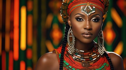 African woman wearing traditional national clothing and head wrapper. Black History Month concept. Black beautiful lady close-up portrait dressed in colourful cloth and jewellery. . - obrazy, fototapety, plakaty