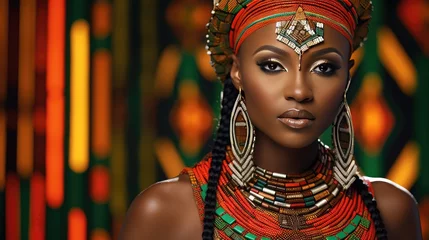 Fotobehang African woman wearing traditional national clothing and head wrapper. Black History Month concept. Black beautiful lady close-up portrait dressed in colourful cloth and jewellery. . © Oksana Smyshliaeva