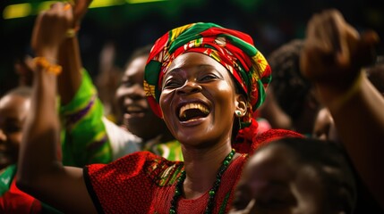 African woman wearing traditional national clothing and head wrapper. Black History Month concept. Black beautiful lady close-up portrait dressed in colourful cloth and jewellery. .