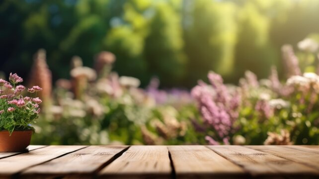 The empty wooden table top with blur background of English garden. Generative AI image AIG30.