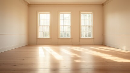 Fototapeta premium Generative AI, Light empty modern room with wooen floor and glare from the window, interior background for the presentation