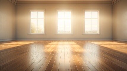 Generative AI, Light empty modern room with wooen floor and glare from the window, interior background for the presentation