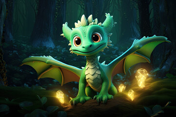 Cute 3d glowing dragon, nature background