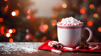 Obraz na płótnie Canvas Christmas drink container of hot chocolate with marshmallows and ruddy sweet cane on happy foundation