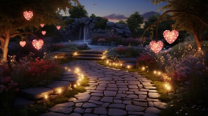 A captivating garden scene with heart-shaped flower beds, surrounded by twinkling lights and enchanting patterned stepping stones.