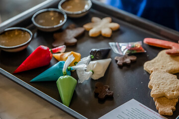 Set for decorating Christmas gingerbread homemade cookies with colorful glaze for children