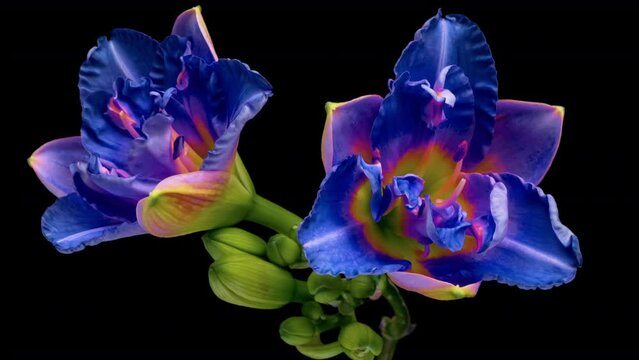 Amazing colorful time lapse of lily flower bud opening, close-up, isolated on black background. 4K UHD video