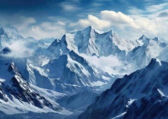 Fototapeta na wymiar A majestic mountain range covered in a blanket of snow, captured from a high vantage point. The