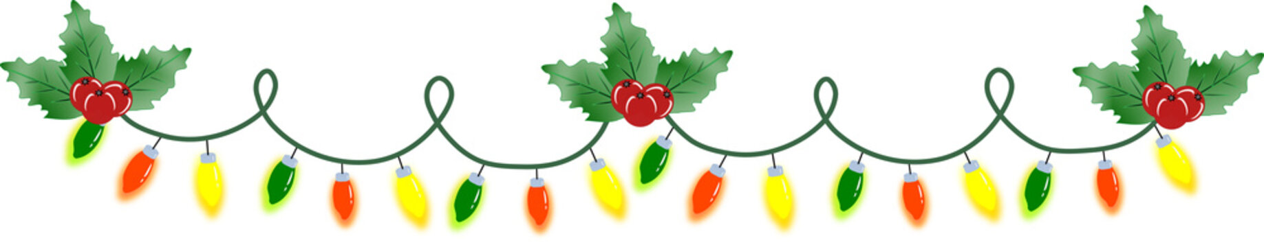 Colorful christmas hanging lights on chain pattern on transparent background.