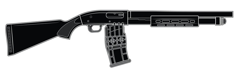 Vector illustration of the tactical pump-action shotgun with picattiny rails and box magazine on a white background. Black. Right side.