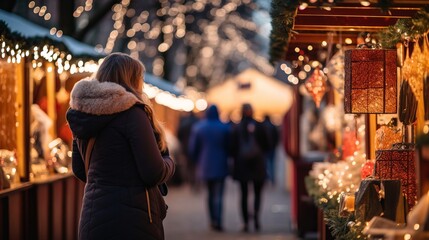 Obraz premium A lady looks and buys at a stand, individuals walk at the christmas advertise within the merry stylistic layout of the roads. new year