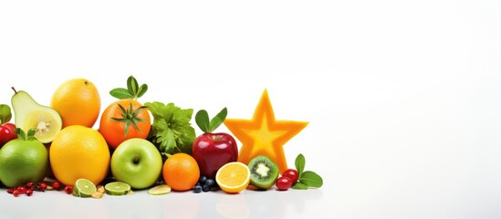 Obraz na płótnie Canvas In an isolated white background, a vibrant star of nature appears, a green apple, accompanied by an array of colorful vegetables and oranges, symbolizing health and the goodness of fruits in our